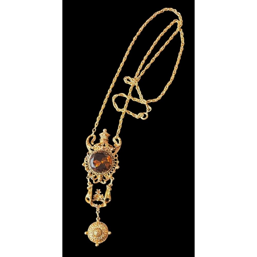 Florenza Victorian Revival Necklace Brown Topaz Rhinestone Gold Tone Unsigned